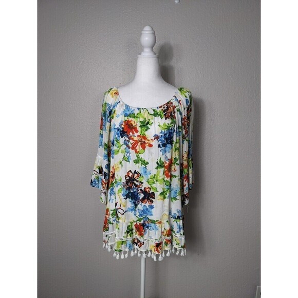 Ali Miles Women L White Multi Color Floral Pullover Tunic Artsy Boho Summer #11 - Picture 1 of 7